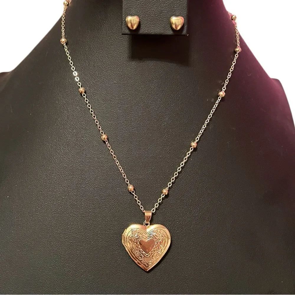 Heart Locket Gold Tone Necklace and Earring Set